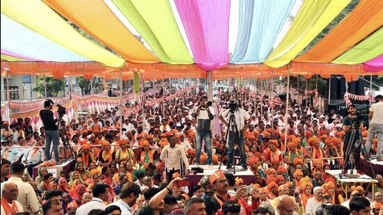 BJP supporters at the a rally of the party in Chanasma. (Twitter)