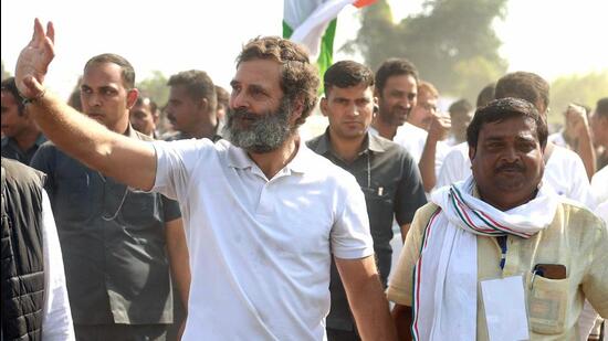 Congress leader Rahul Gandhi during the Bharat Jodo Yatra in Burhanpur, Madhya Pradesh, on Wednesday. (ANI) Congress leader Rahul Gandhi during the Bharat Jodo Yatra in Burhanpur, Madhya Pradesh, on Wednesday. (ANI)