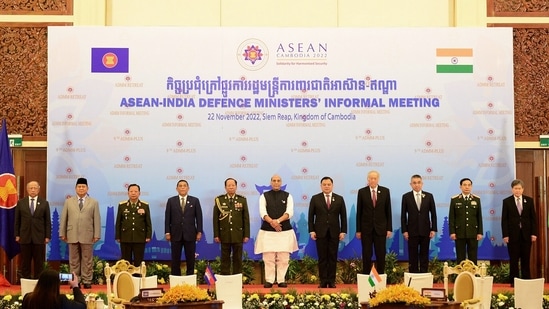 Defence Minister Rajnath Singh at the maiden India-ASEAN Defence Ministers’ Meeting, in Siem Reap on Tuesday.(ANI/PIB) Defence Minister Rajnath Singh at the maiden India-ASEAN Defence Ministers’ Meeting, in Siem Reap on Tuesday.(ANI/PIB)