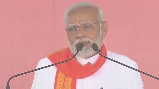 Prime Minister Narendra Modi addresses a rally in Mehsana in north Gujarat on Wednesday.(ANI)