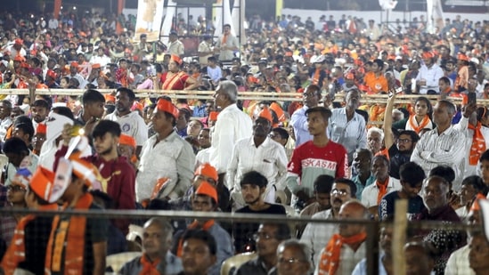 Supporters of Prime Minister Narendra Modi during a BJP public meeting ahead of Gujarat Assembly election in Bhavnagar. 