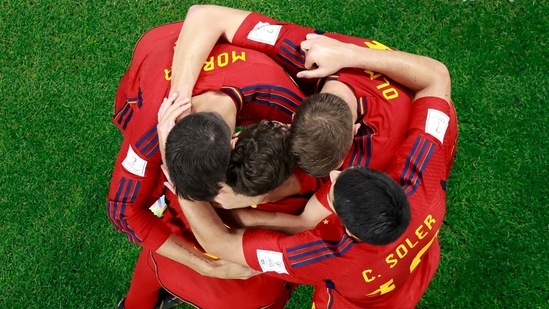 Spain's Gavi celebrates scoring their fifth goal with teammates (REUTERS)