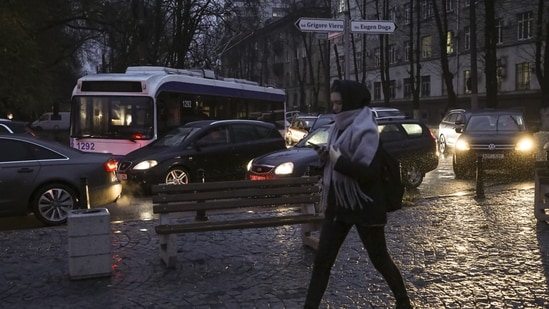 A trolley bus is stuck on a boulevard during a power outage in Chisinau, Moldova. (AP Photo/Aurel Obreja)
