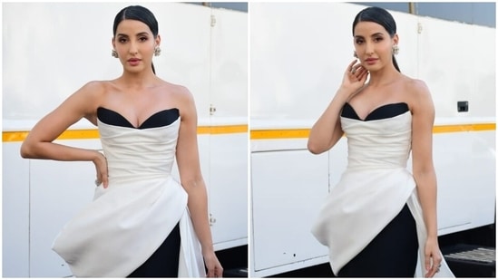 Nora Fatehi poses in a magical strapless gown on the sets of Jhalak Dikhhla Jaa 10. (HT Photo/Varinder Chawla)