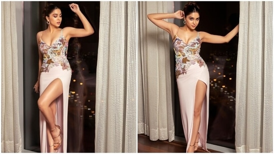 Earlier, Sharvari had posted pictures of her stunning avatar for attending the Filmfare Achievers Night in Dubai. The actor slipped into a heavily embellished strappy dress featuring a risqué thigh-high slit on the front and styled with a braided bun, strappy heels and bold makeup.(Instagram)