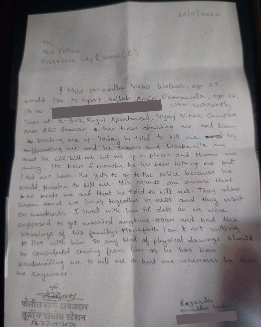 Shraddha Walkar had filed a hand-written complaint in 2020 against Aaftab. Shraddha Walkar had filed a hand-written complaint in 2020 against Aaftab.