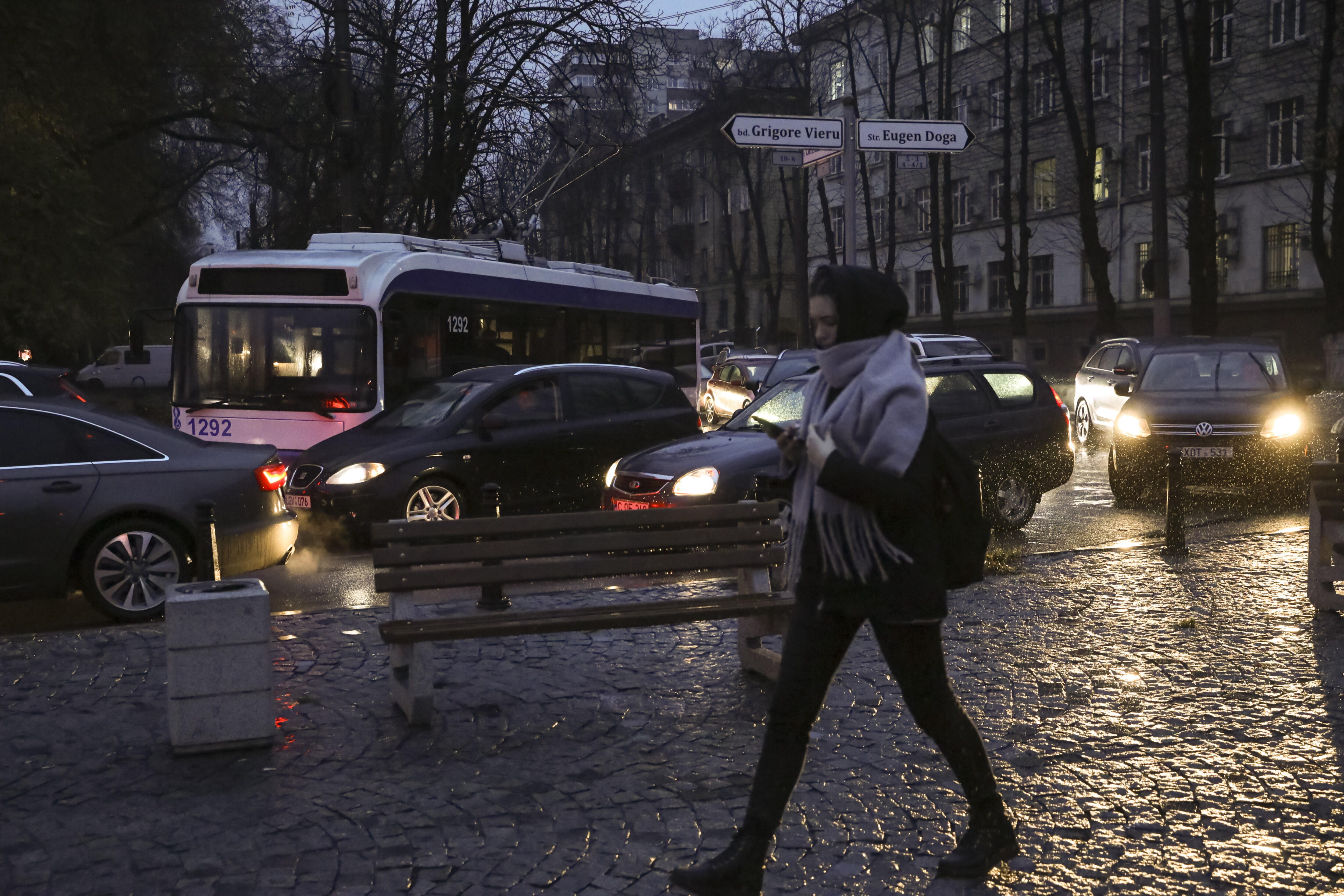 A trolley bus is stuck on a boulevard during a power outage in Chisinau, Moldova. (AP Photo/Aurel Obreja)