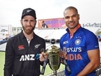 Indian captain Shikhar Dhawan shakes hands with New Zealand skipper Kane Williamson with the ODI series trophy ahead of the matches, at Eden Park, Auckland, New Zealand, Thursday, Nov. 24, 2022. Indian captain Shikhar Dhawan shakes hands with New Zealand skipper Kane Williamson with the ODI series trophy ahead of the matches, at Eden Park, Auckland, New Zealand, Thursday, Nov. 24, 2022.