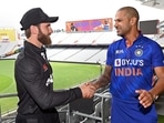 Indian captain Shikhar Dhawan shakes hands with New Zealand skipper Kane Williamson ahead of the ODI series, at Eden Park, Auckland, New Zealand, Thursday, Nov. 24, 2022. Indian captain Shikhar Dhawan shakes hands with New Zealand skipper Kane Williamson ahead of the ODI series, at Eden Park, Auckland, New Zealand, Thursday, Nov. 24, 2022.