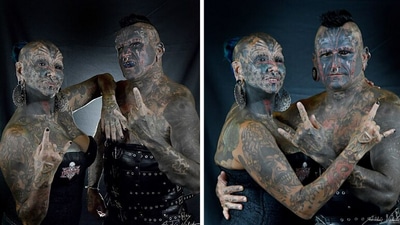 Couple with the most body modifications. (Website/@GuinessWorldRecords) Couple with the most body modifications. (Website/@GuinessWorldRecords)