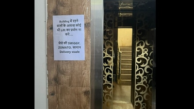 Housing society asks delivery agents not to use lift. (Twitter/@AwanishSharan) Housing society asks delivery agents not to use lift. (Twitter/@AwanishSharan)
