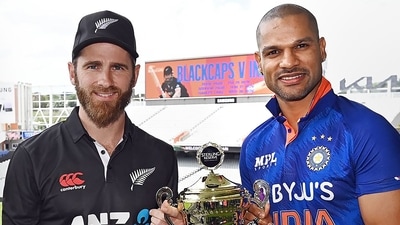 Indian captain Shikhar Dhawan shakes hands with New Zealand skipper Kane Williamson with the ODI series trophy ahead of the matches, at Eden Park, Auckland, New Zealand, Thursday, Nov. 24, 2022. (PTI) Indian captain Shikhar Dhawan shakes hands with New Zealand skipper Kane Williamson with the ODI series trophy ahead of the matches, at Eden Park, Auckland, New Zealand, Thursday, Nov. 24, 2022. (PTI)