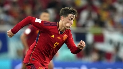 Spain's Gavi during the World Cup group E soccer match between Spain and Costa Rica, at the Al Thumama Stadium in Doha, Qatar, Wednesday, Nov. 23, 2022. (AP Photo/Julio Cortez) (AP)