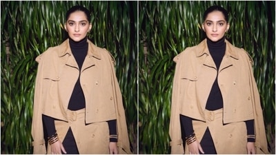 Styled by sister Rhea Kapoor, Sonam accessorised her look in black boots from Louis Vuitton and Nike, a golden bracelet, golden hoop earrings and a watch from Rolex. (Instagram/@sonamkapoor) Styled by sister Rhea Kapoor, Sonam accessorised her look in black boots from Louis Vuitton and Nike, a golden bracelet, golden hoop earrings and a watch from Rolex. (Instagram/@sonamkapoor)
