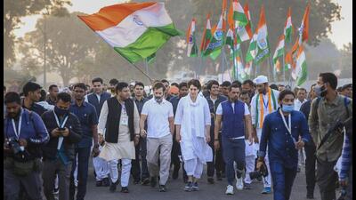 Congress leaders Rahul Gandhi and Priyanka Gandhi Vadra during the Bharat Jodo Yatra in Madhya Pradesh’s Khandwa. (PTI)
