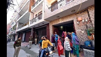 Police personnel at the crime scene in south west Delhi’s Palam on Wednesday. (Sanjeev Verma) Police personnel at the crime scene in south west Delhi’s Palam on Wednesday. (Sanjeev Verma)