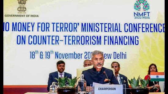 External affairs minister S Jaishankar speaks during the third 'No Money for Terror' conference on Counter-Terrorism Financing, November 19, 2022 (PTI)