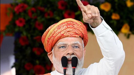 Prime Minister Narendra Modi addresses a public rally for the upcoming Gujarat asembly elections in Bavla on Thursday. (BJP Gujarat/Twitter)