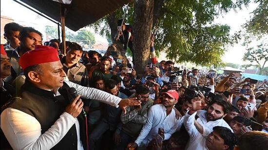 Samajwadi Party chief Akhilesh Yadav campaigning in Mainpuri on Thursday. (PTI PHOTO)