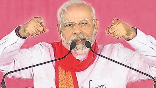 Narendra Modi at a public meeting in Mehsana on Wednesday. (ANI)