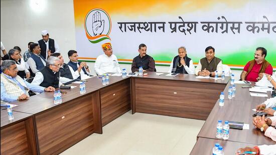 Rajasthan CM Ashok Gehlot, Congress leader Sachin Pilot and others during state level coordination committee meeting on party's 'Bharat Jodo Yatra', at RPCC war room in Jaipur. (PTI)