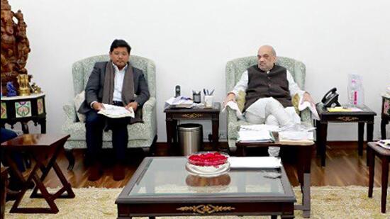 New Delhi, Nov 24 (ANI): Meghalaya Chief Minister Conrad K Sangma meets Union Home Minister Amit Shah and requested CBI enquiry into an unfortunate incident on Assam- Meghalaya border, in New Delhi on Thursday. (ANI Photo) (Spokesperson, Ministry of Home A)