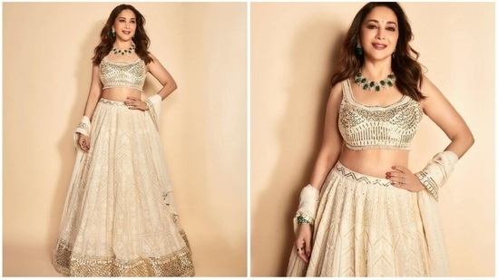 For an earlier episode of the show Jhalak Dikhla Jaa, Madhuri Dixit wore a contemporary ivory lehenga set.(Instagram/@madhuridixitnene)