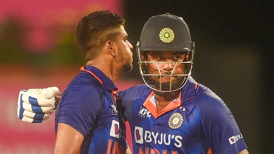 Indian batters Shreyas Iyer and Sanju Samson greet each other after the end of the 2nd ODI cricket match between India and South Africa(PTI) Indian batters Shreyas Iyer and Sanju Samson greet each other after the end of the 2nd ODI cricket match between India and South Africa(PTI)