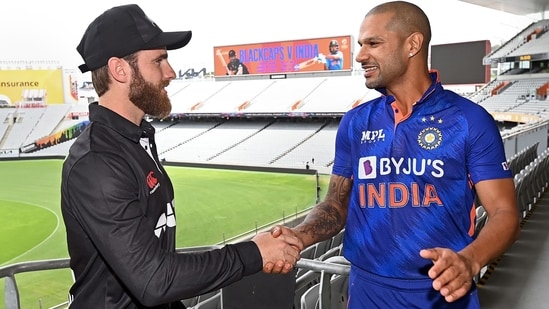  Indian captain Shikhar Dhawan shakes hands with New Zealand skipper Kane Williamson ahead of the ODI series, at Eden Park, Auckland, New Zealand, Thursday, Nov. 24, 2022. (PTI)