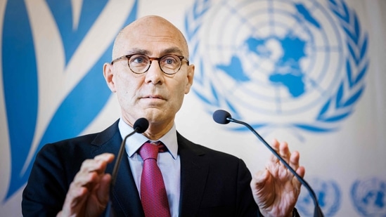 High Commissioner for Human Rights Volker Turk adresses the assembly during a special session of the UN Human Rights Council on the situation in Iran, at the United Nations in Geneva.(AFP)