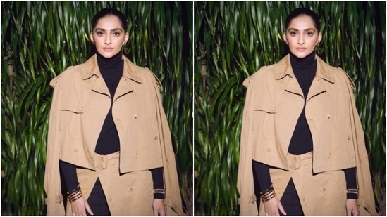Styled by sister Rhea Kapoor, Sonam accessorised her look in black boots from Louis Vuitton and Nike, a golden bracelet, golden hoop earrings and a watch from Rolex.(Instagram/@sonamkapoor)