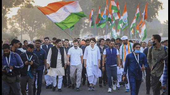 Congress leaders Rahul Gandhi and Priyanka Gandhi Vadra during the Bharat Jodo Yatra in Madhya Pradesh’s Khandwa. (PTI)