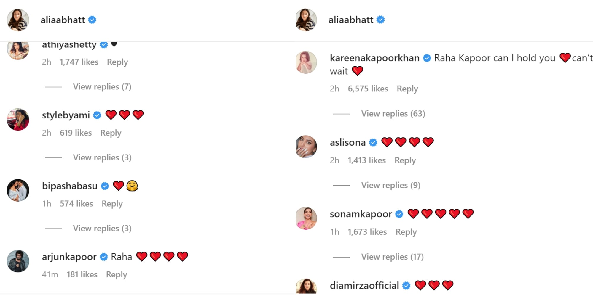 Celebrities comment on Alia Bhatt's post.