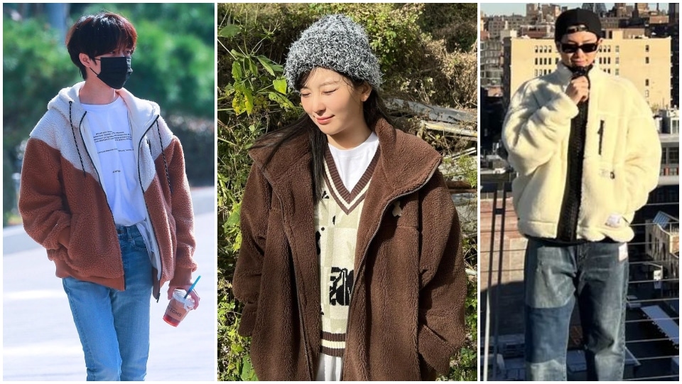 TXT's Beomgyu, Red Velvet's Kang Seul-gi, and BTS' RM wearing fleece sweaters. (Instagram, Pinterest)