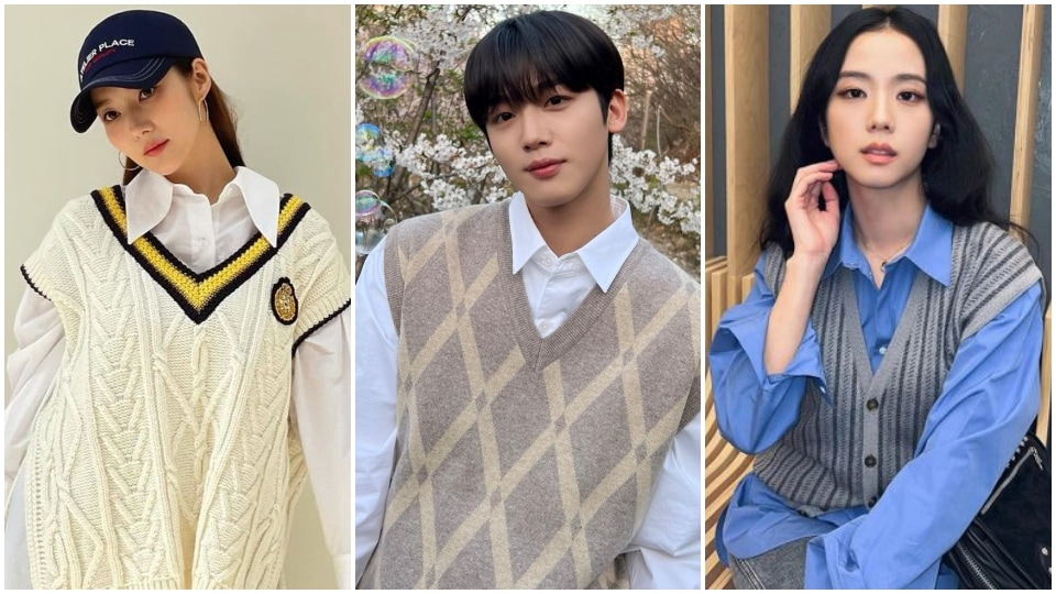 Park Min-young, WEi's Yohan, and Blackpink's Jisoo rocks knit vests. (Instagram, Pinterest)