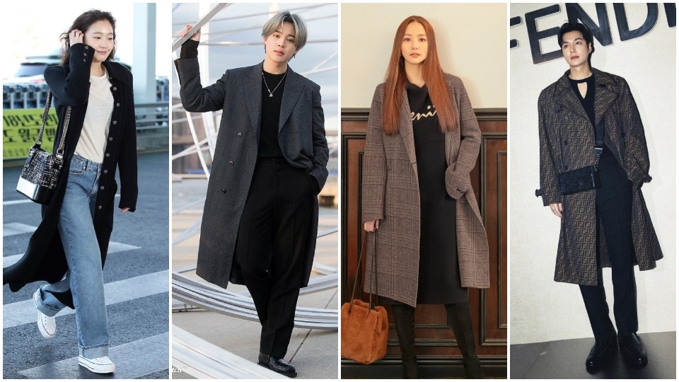 Kim Go-eun, BTS' Park Jimin, Park Min-young, and Lee Min-ho wear long coats. (Instagram, Pinterest)