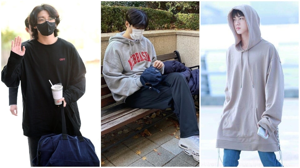 Kim Seokjin aka Jin, Jungkook and Lee Min-ho wearing oversized sweatshirts. (Instagram, Pinterest)