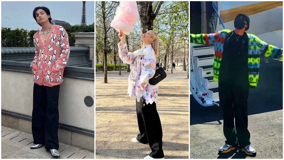 BTS' V, J-Hope and Blackpink's Lisa wear colourful printed sweaters and jackets with baggy pants. (Instagram, Pinterest)