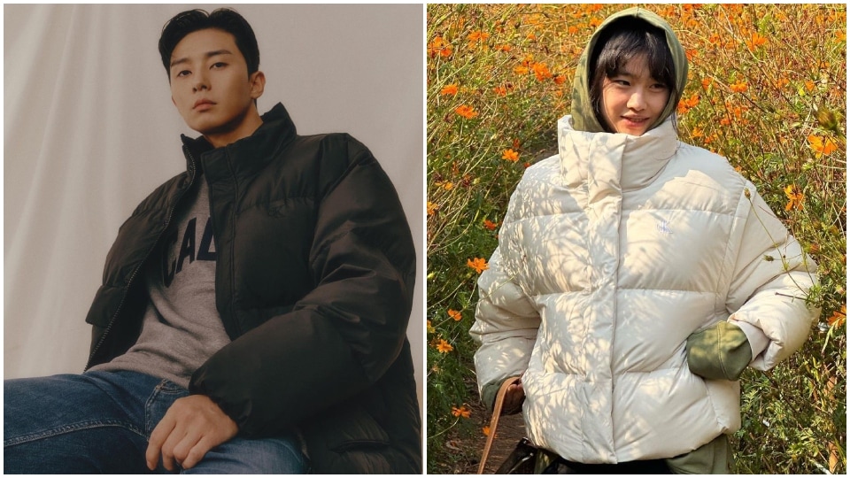 Park Seo-joon and HoYeon Jung wearing puffer jackets in neutral tones. (Instagram, Pinterest)