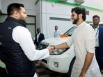 Bihar Deputy Chief Minister Tejashwi Yadav welcomes Yuva Sena President and Shiv Sena (Uddhav Balasaheb Thackeray) leader Aaditya Thackeray, in Patna on Wednesday. (ANI Photo) Bihar Deputy Chief Minister Tejashwi Yadav welcomes Yuva Sena President and Shiv Sena (Uddhav Balasaheb Thackeray) leader Aaditya Thackeray, in Patna on Wednesday. (ANI Photo)