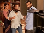 Abhishek Pathak with Ajay Devgn and Shriya Saran on the sets of Drishyam 2.