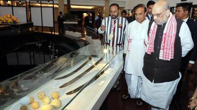 Union home minister Amit Shah and Assam chief minister Himanta Biswa Sarma at an exhibition during the 400th birth anniversary celebrations of Ahom general Lachit Barphukan, in New Delhi on Thursday. (Himanta Biswa Sarma/ Twitter) Union home minister Amit Shah and Assam chief minister Himanta Biswa Sarma at an exhibition during the 400th birth anniversary celebrations of Ahom general Lachit Barphukan, in New Delhi on Thursday. (Himanta Biswa Sarma/ Twitter)
