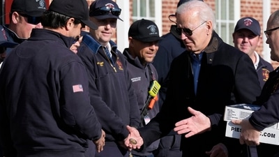 US President Joe Biden during a visit to the Nantucket Fire Department on Thanksgiving Day in Nantucket, Massachusetts. (AP) US President Joe Biden during a visit to the Nantucket Fire Department on Thanksgiving Day in Nantucket, Massachusetts. (AP)