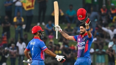 Afghanistan's Ibrahim Zadran celebrates after scoring a century against Sri Lanka (AFP) Afghanistan's Ibrahim Zadran celebrates after scoring a century against Sri Lanka (AFP)