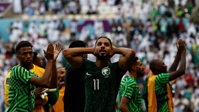 Saudi Arabia's forward Saleh Al-Shehri celebrates at the end of their World Cup match against Argentina (Getty Images) Saudi Arabia's forward Saleh Al-Shehri celebrates at the end of their World Cup match against Argentina (Getty Images)