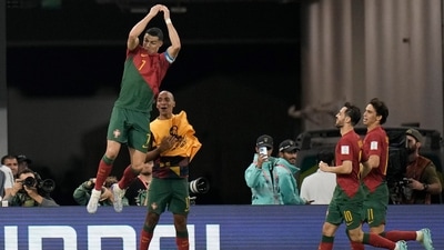 Portugal's Cristiano Ronaldo celebrates after scoring his side's first goal during the World Cup group H soccer match between Portugal and Ghana, at the Stadium 974 in Doha. (AP) Portugal's Cristiano Ronaldo celebrates after scoring his side's first goal during the World Cup group H soccer match between Portugal and Ghana, at the Stadium 974 in Doha. (AP)