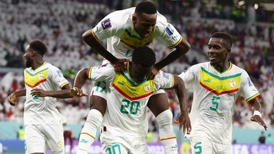 Senegal players celebrate after scoring a goal against Qatar at the FIFA World Cup 2022 (REUTERS)