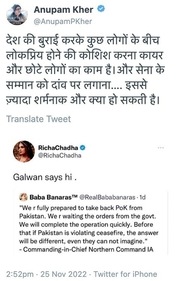 Anupam Kher reacts to Richa Chadha’s Galwan tweet. Anupam Kher reacts to Richa Chadha’s Galwan tweet.
