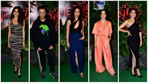 Janhvi Kapoor, Karan Johar, Yami Gautam, Elli Avram and Sharvari Wagh at Bhediya screening. (Varinder Chawla)