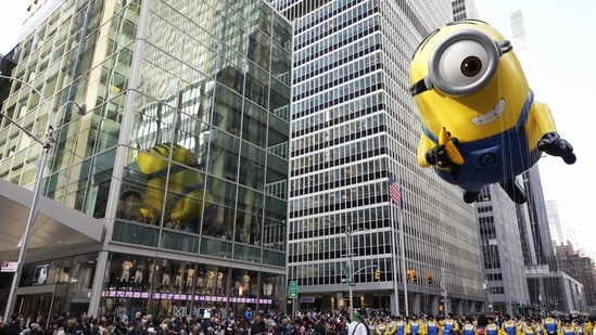 Stuart the Minion balloon floats in the Macy's Thanksgiving Day Parade in New York.(AP)